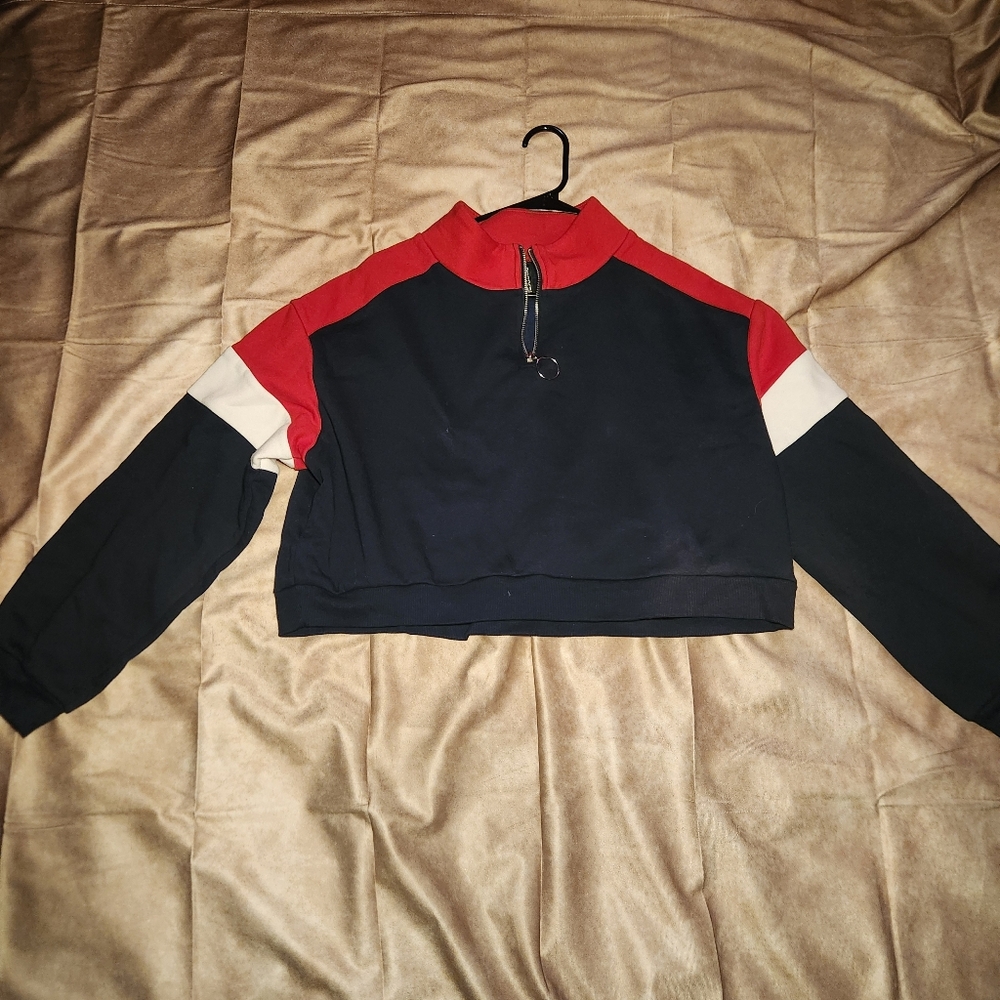 H&M Red, White, and Navy Cropped Quarter Zip Sweatshirt